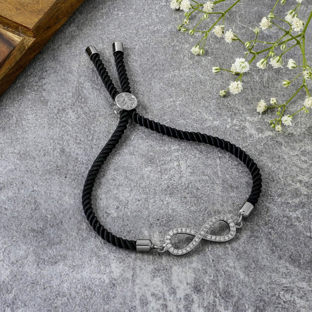 Adjustable Thread Bracelet for Women with Silver Black Cubic Zirconia Infinity Design