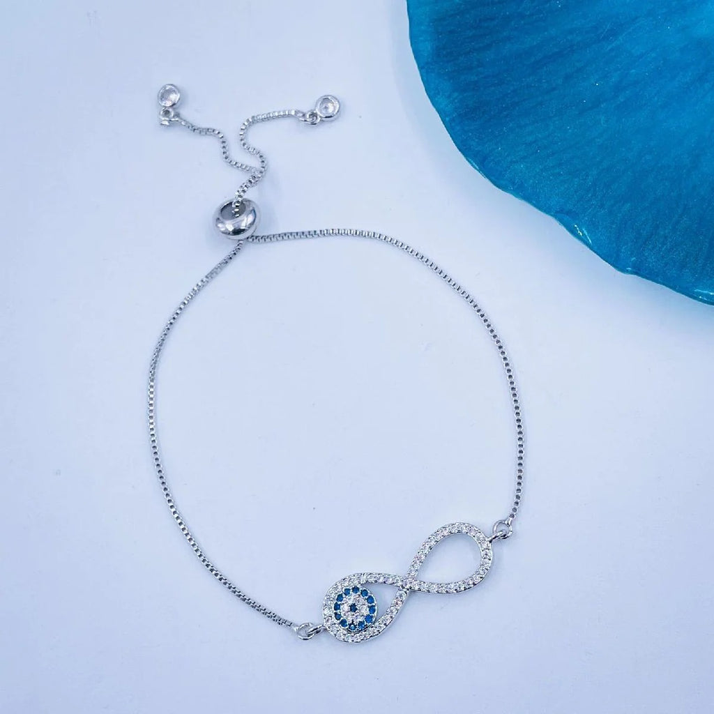 Adjustable Slider Bracelet with Silver Blue Evil Eye Nazariya Infinity Cubic Zirconia American Diamond