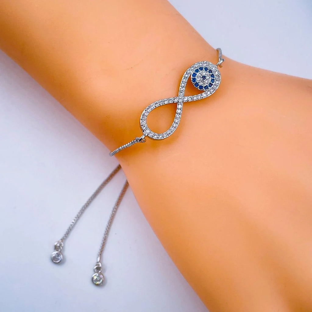 Adjustable Slider Bracelet with Silver Blue Evil Eye Nazariya Infinity Cubic Zirconia American Diamond