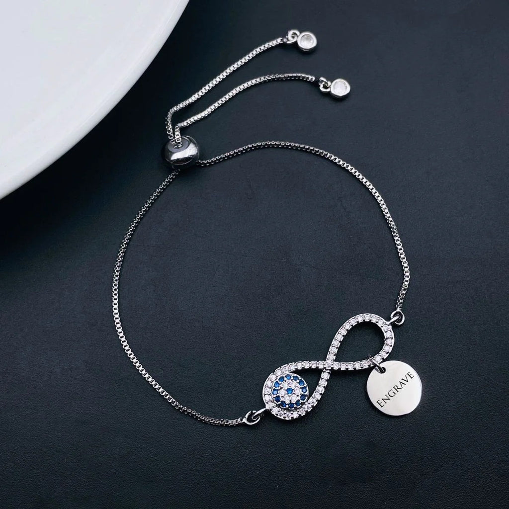 Adjustable Slider Bracelet for Women with Evil Eye Infinity Silver Cubic Zirconia Medallion Charm