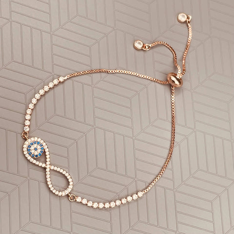 Infinity Charms Slider Adjustable Bracelet for Women with Pink Rose Gold American Diamonds and Crystals
