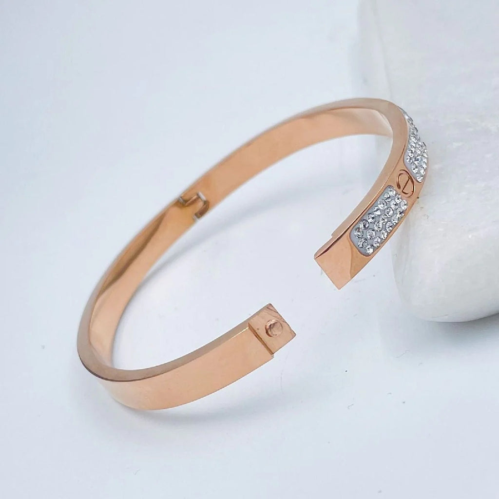 Rose Gold Stainless Steel Screw Bangle Cuff Kada with Cubic Zirconia for Women