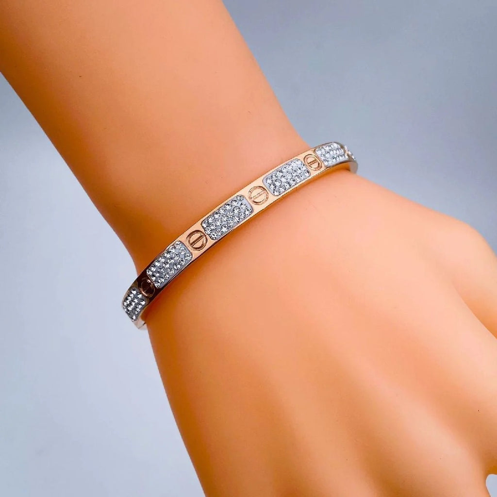 Rose Gold Stainless Steel Screw Bangle Cuff Kada with Cubic Zirconia for Women
