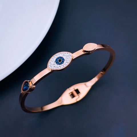 18K Rose Gold Plated Stainless Steel Openable Kada with CZ Evil Eye for Women