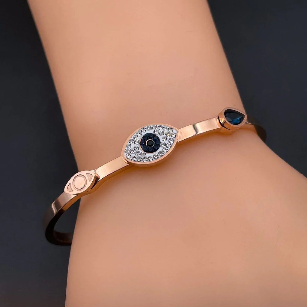 18K Rose Gold Plated Stainless Steel Openable Kada with CZ Evil Eye for Women