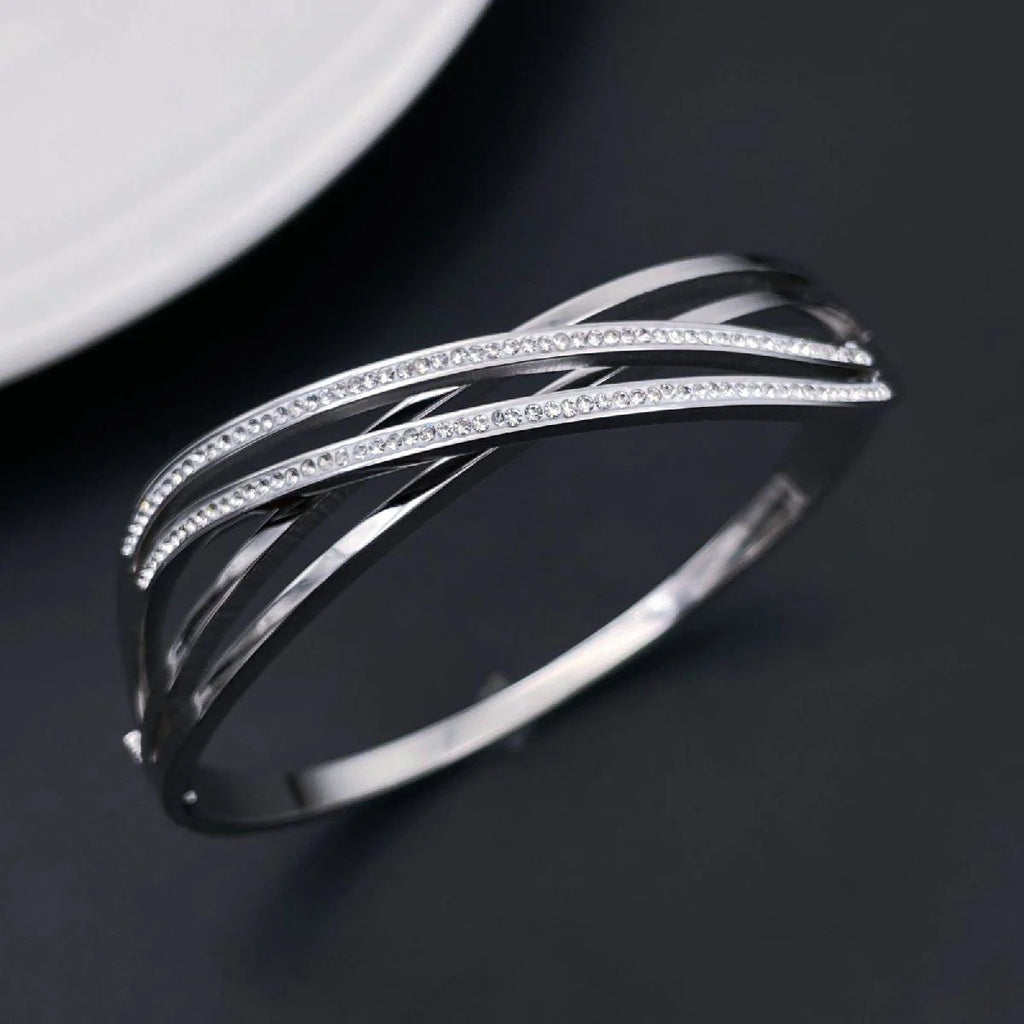 Waves Cubic Zirconia Silver Stainless Steel Openable Kada Bracelet for Women
