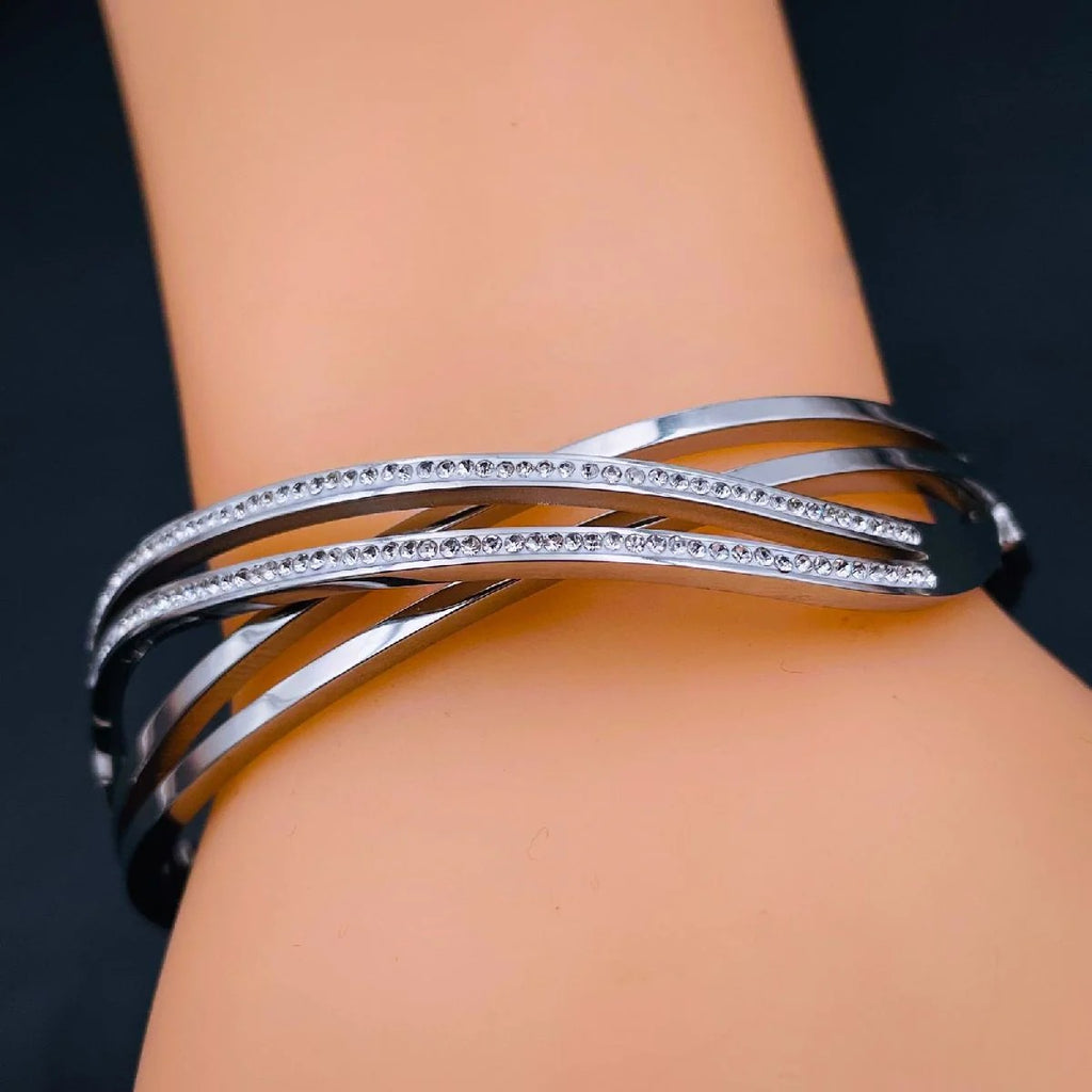 Waves Cubic Zirconia Silver Stainless Steel Openable Kada Bracelet for Women