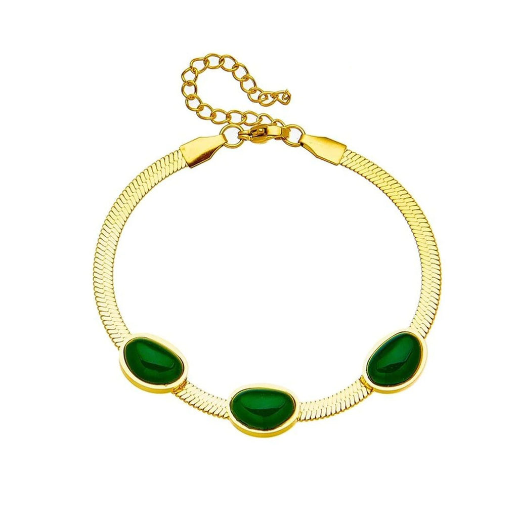 Enchanting Green Beads 18K Gold Stainless Steel Snake Chain Bracelet for Women