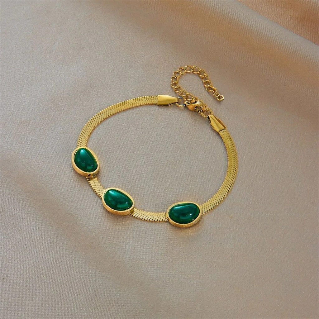 Enchanting Green Beads 18K Gold Stainless Steel Snake Chain Bracelet for Women