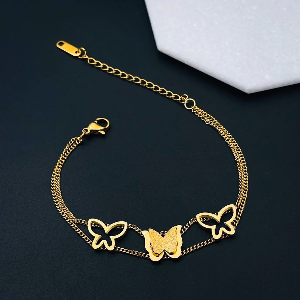 Elegant Triple Butterfly 18K Gold Stainless Steel Chain Bracelet for Women