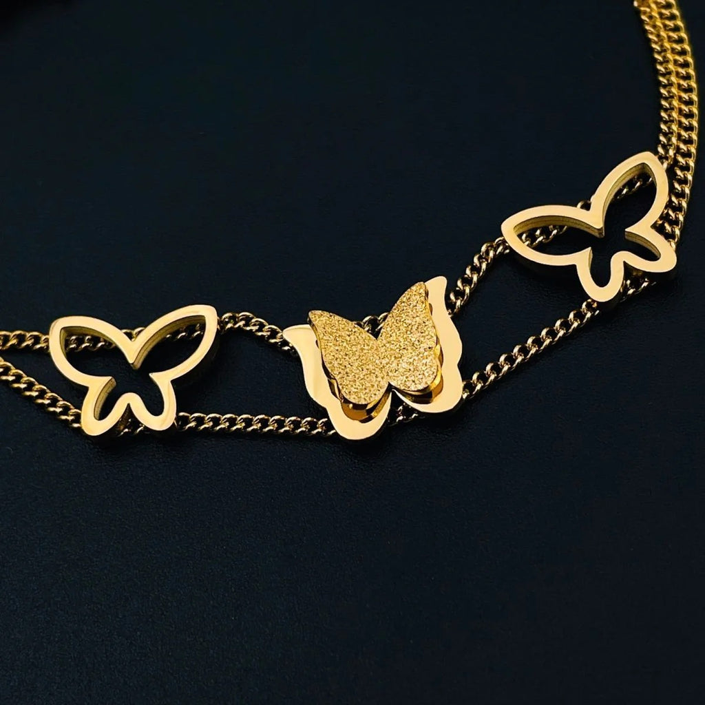 Elegant Triple Butterfly 18K Gold Stainless Steel Chain Bracelet for Women