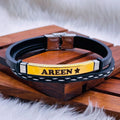 Stainless Steel Gold Black Laser Engraved Leather Wrist Band ID Bracelet For Men