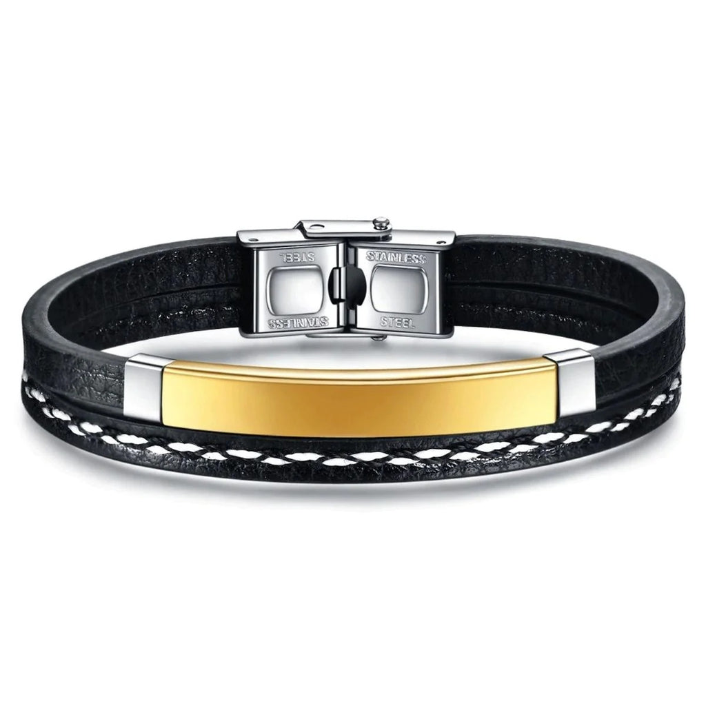 Stainless Steel Gold Black Laser Engraved Leather Wrist Band ID Bracelet For Men