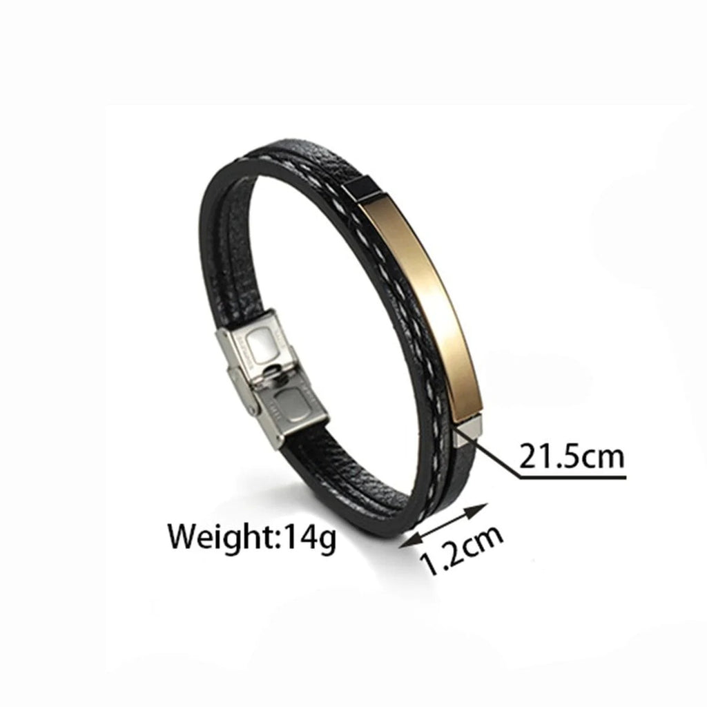 Stainless Steel Gold Black Laser Engraved Leather Wrist Band ID Bracelet For Men