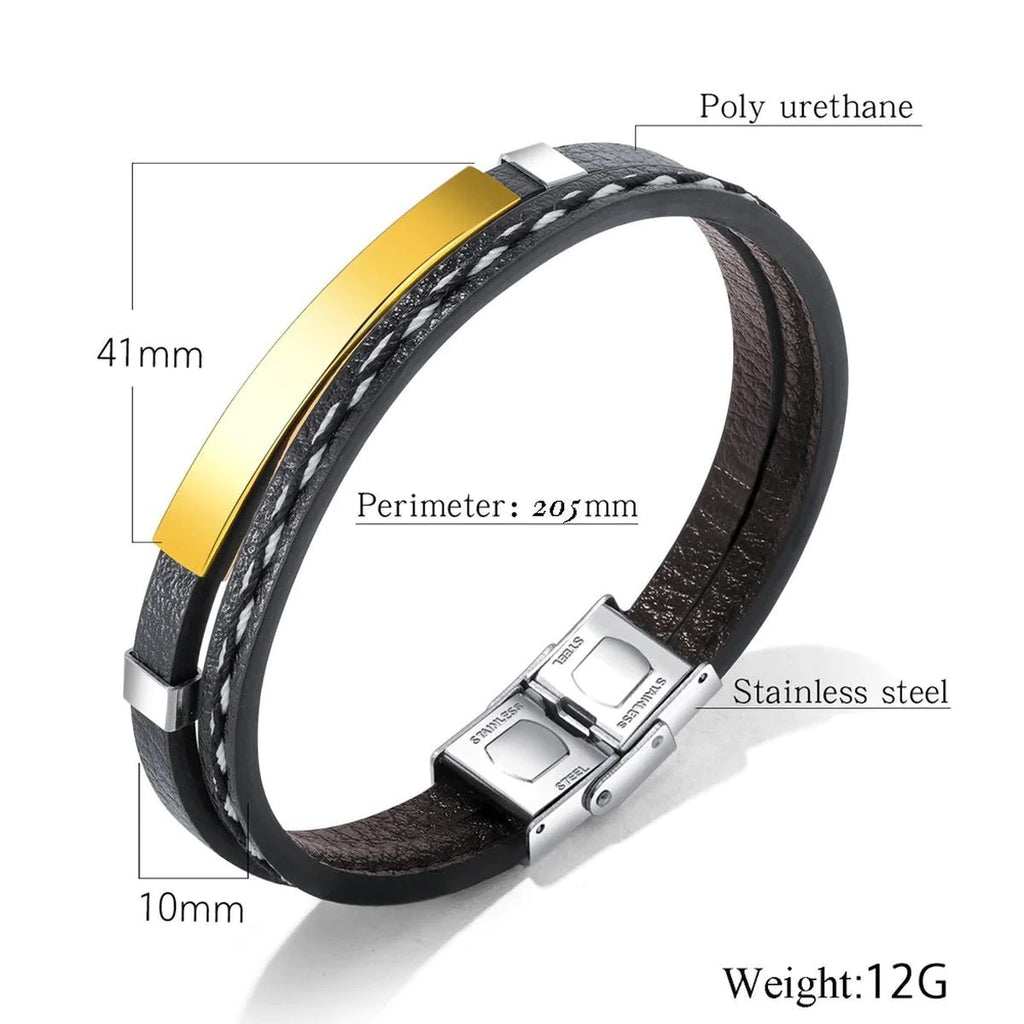 Stainless Steel Gold Black Laser Engraved Leather Wrist Band ID Bracelet For Men