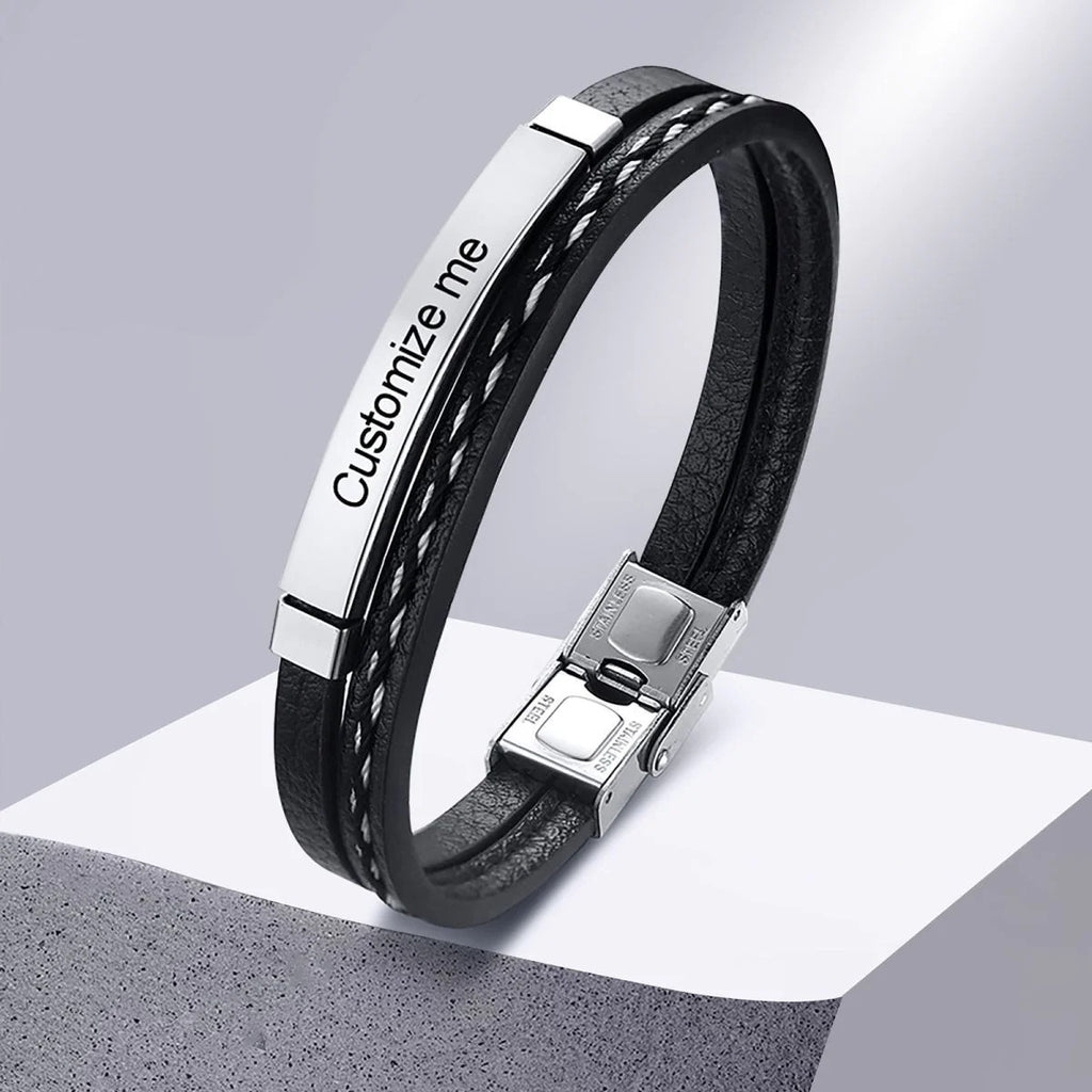 Stainless Steel Gold Black Laser Engraved Leather Wrist Band ID Bracelet For Men