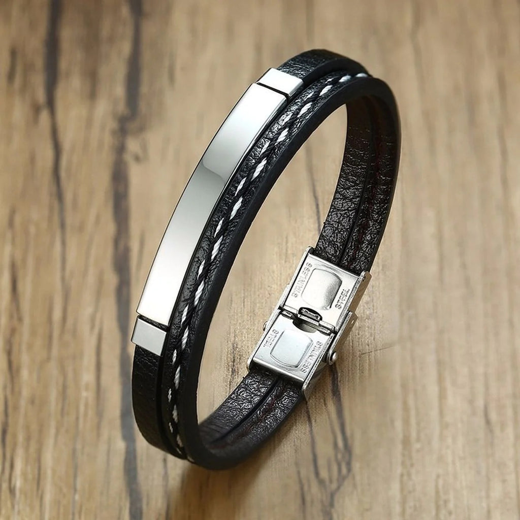 Stainless Steel Gold Black Laser Engraved Leather Wrist Band ID Bracelet For Men