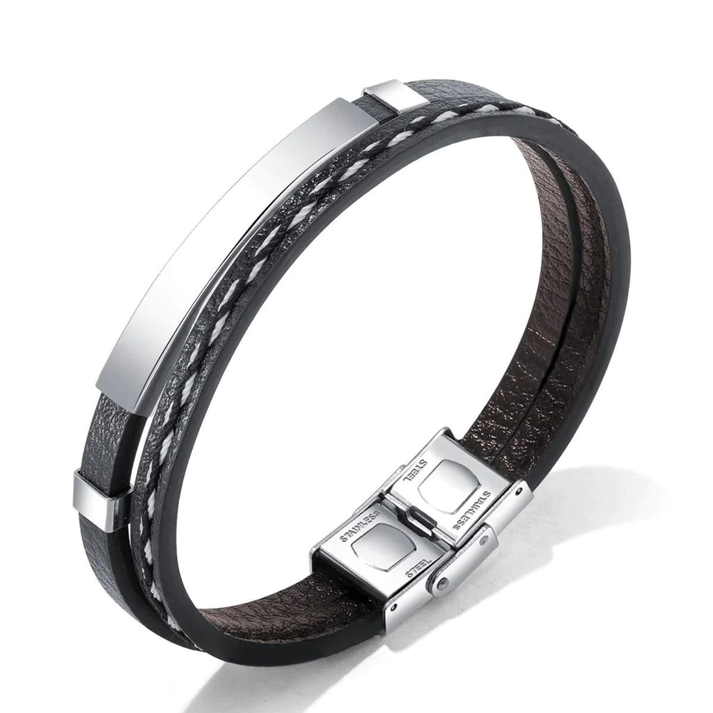 Stainless Steel Gold Black Laser Engraved Leather Wrist Band ID Bracelet For Men