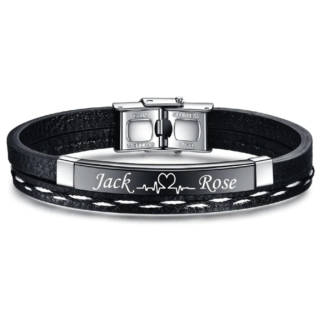 Stainless Steel Gold Black Laser Engraved Leather Wrist Band ID Bracelet For Men