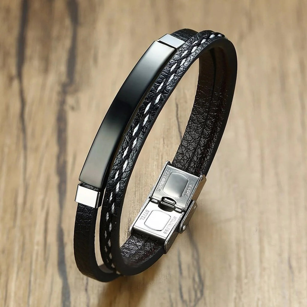 Stainless Steel Gold Black Laser Engraved Leather Wrist Band ID Bracelet For Men