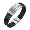 3 Names Customized Personalized Stainless Steel Silver Laser Engraved Three Layers Leather Wrist Band ID Bracelet for Men - Stylish and Meaningful Accessory