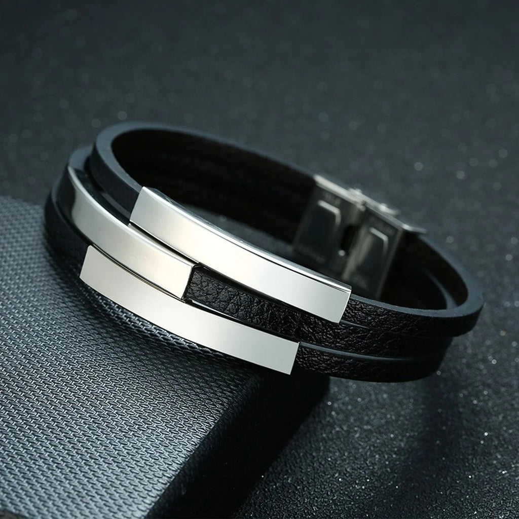3 Names Customized Personalized Stainless Steel Silver Laser Engraved Three Layers Leather Wrist Band ID Bracelet for Men - Stylish and Meaningful Accessory