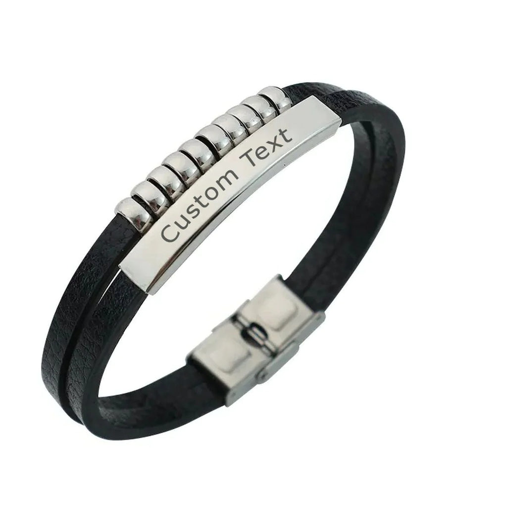 Dual Layer Laser Engraved Wrist Band Leather ID Bracelet - Silver Black Stainless Steel for Men