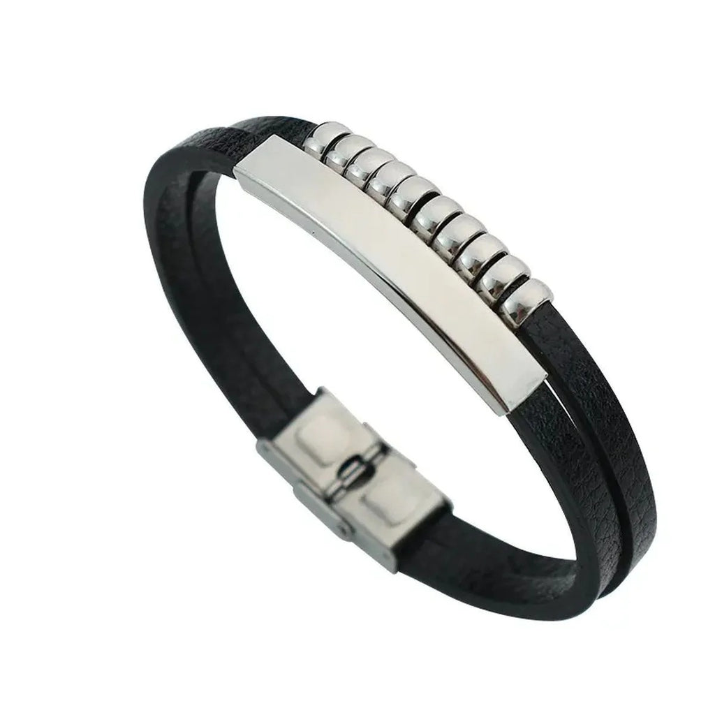 Dual Layer Laser Engraved Wrist Band Leather ID Bracelet - Silver Black Stainless Steel for Men