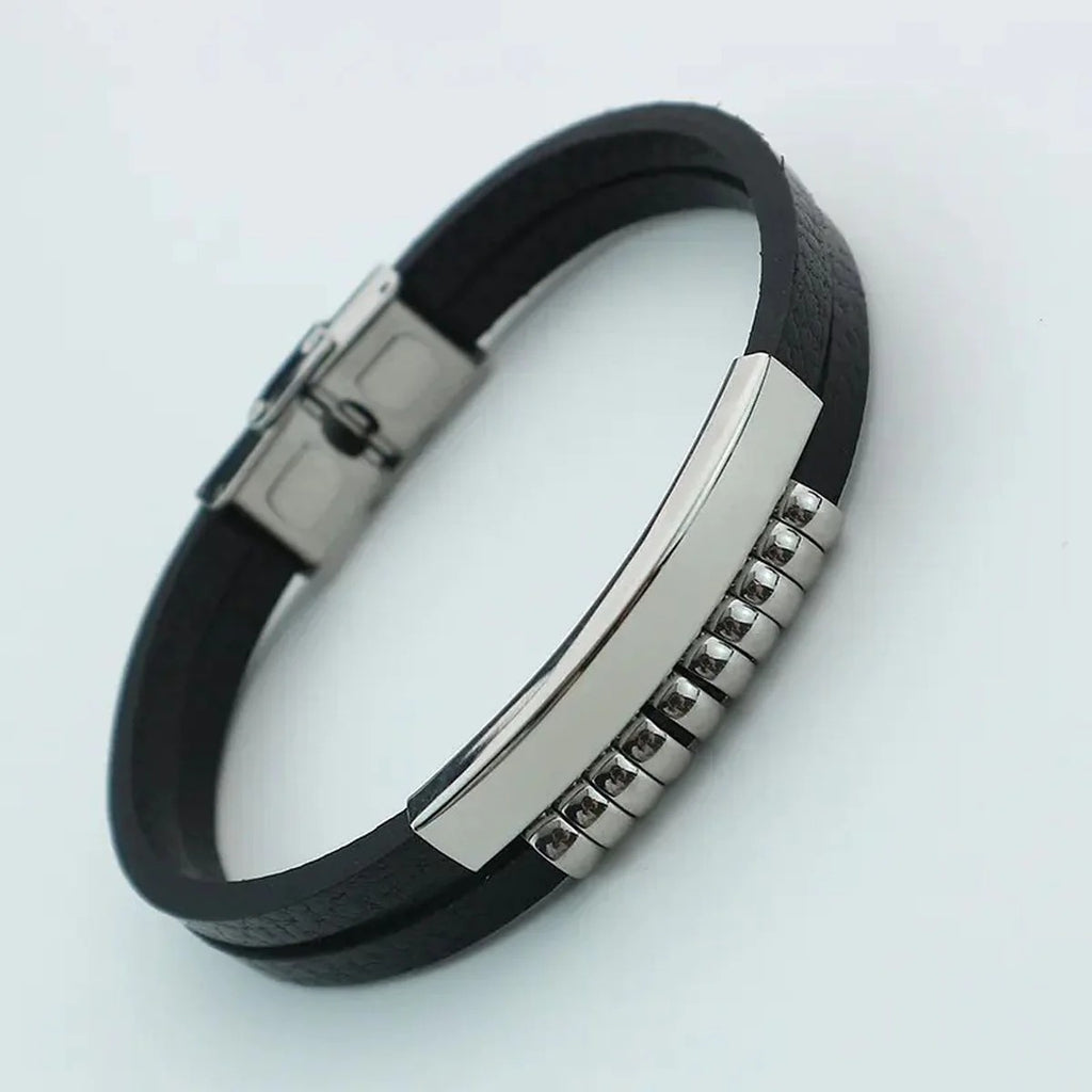 Dual Layer Laser Engraved Wrist Band Leather ID Bracelet - Silver Black Stainless Steel for Men