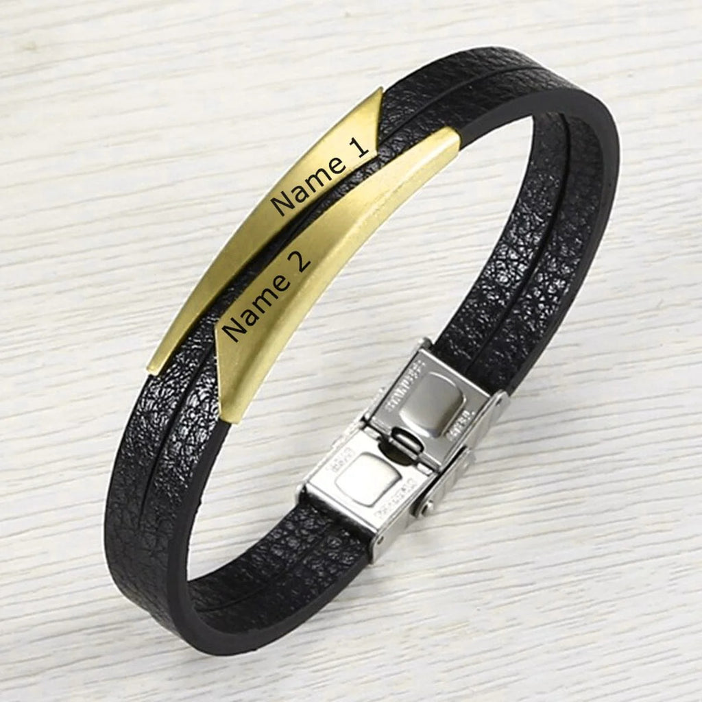 Geometric Stainless Steel Gold Black Customized Personalised Laser Engraved Wrist Band Leather Bracelet for Men - Stylish and Personalized Accessory