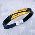 Geometric Stainless Steel Gold Black Customized Personalised Laser Engraved Wrist Band Leather Bracelet for Men - Stylish and Personalized Accessory