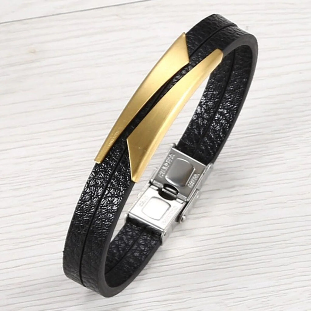 Geometric Stainless Steel Gold Black Customized Personalised Laser Engraved Wrist Band Leather Bracelet for Men - Stylish and Personalized Accessory