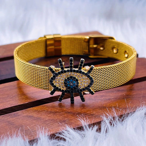 Glistening with elegance and charm 18K Gold Stainless Steel features a captivating Evil Eye Mesh Strap Belt Bracelet For Women