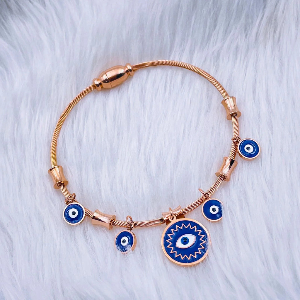 Glamorous Evil Eye Stainless Steel Rose Gold Navy Blue Bangle Kada Bracelet For Women