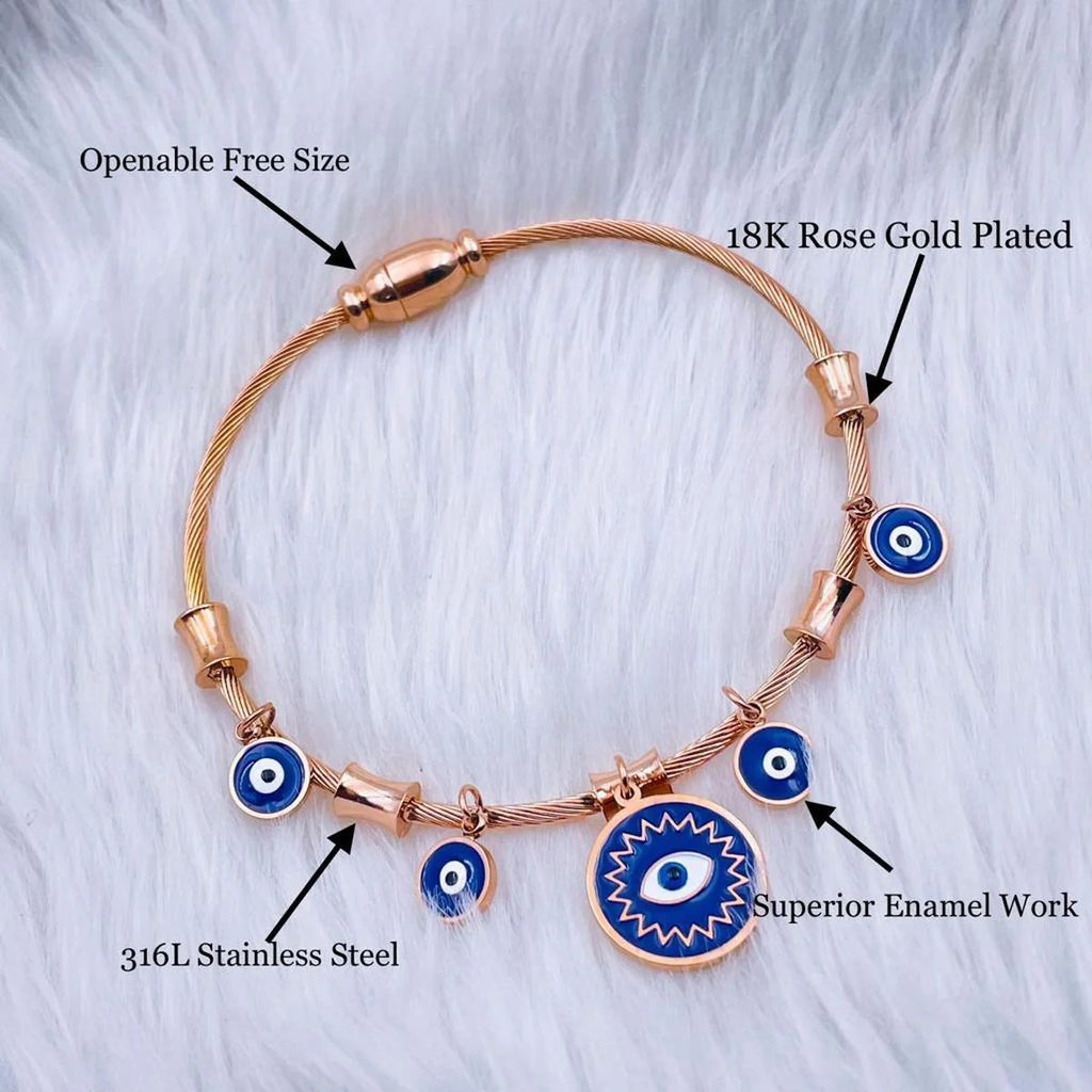 Glamorous Evil Eye Stainless Steel Rose Gold Navy Blue Bangle Kada Bracelet For Women