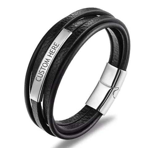 Customized Multi Layer Black Silver Leather Wrist Wrap ID Bracelet for Men