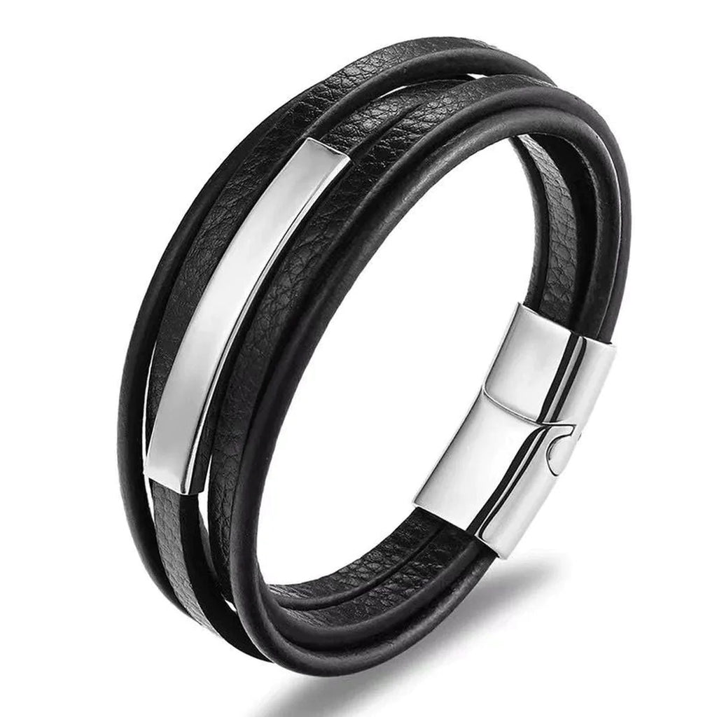 Customized Multi Layer Black Silver Leather Wrist Wrap ID Bracelet for Men