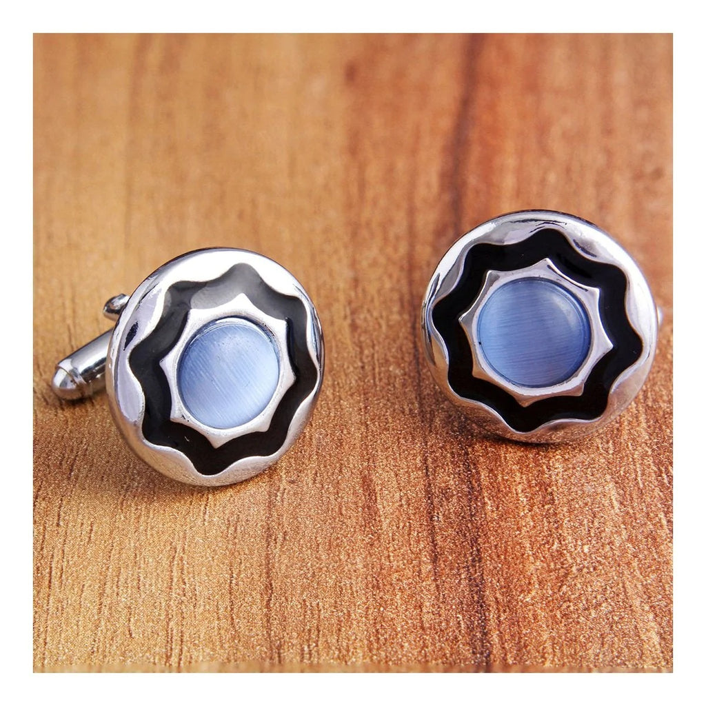 Refined Round Cufflinks in Blue and Black with Presentation Gift Box