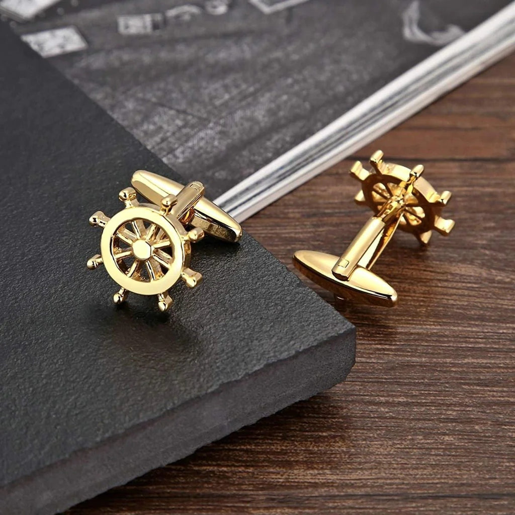 Glamorous Gold Rudder Anchor Sailor Cufflinks in Presentation Gift Box