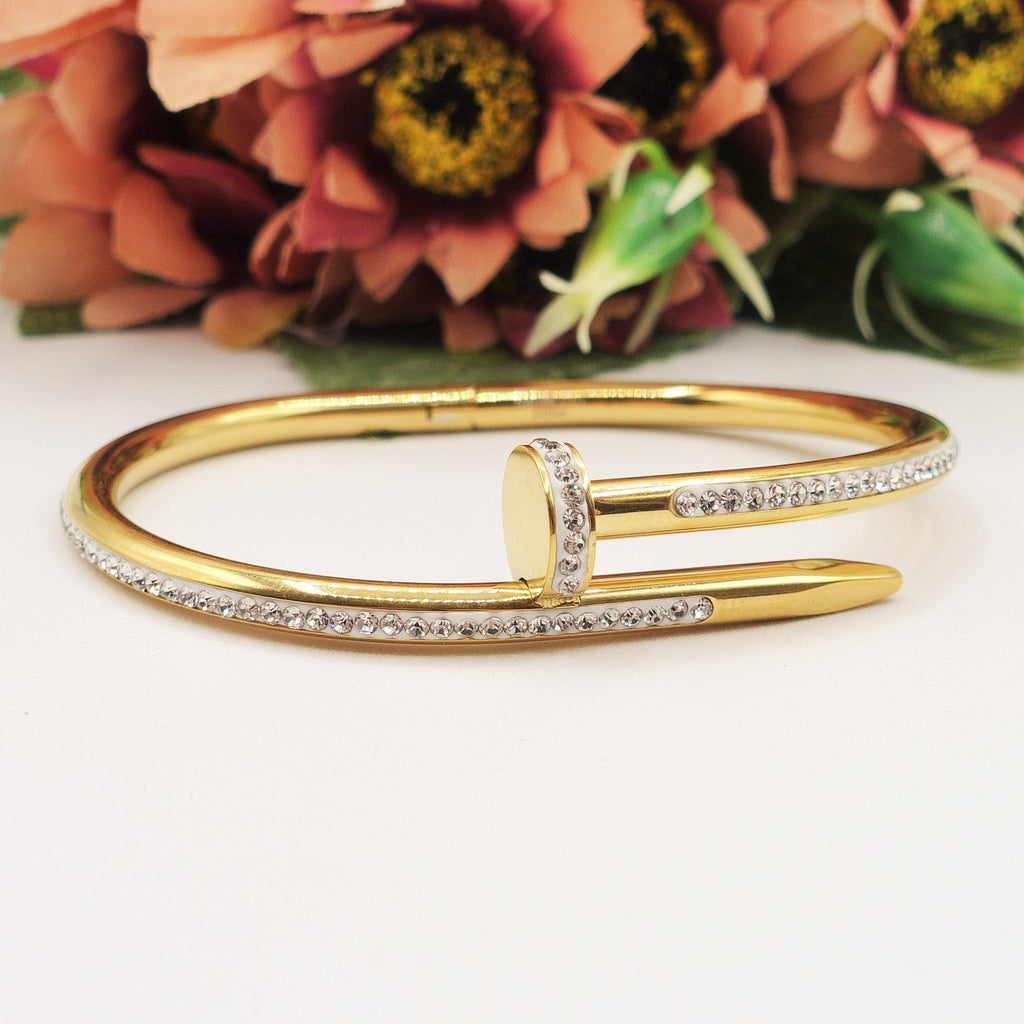 Stainless Steel Gold Plated Anti Tarnish AD Studded Nail Bracelet for Women
