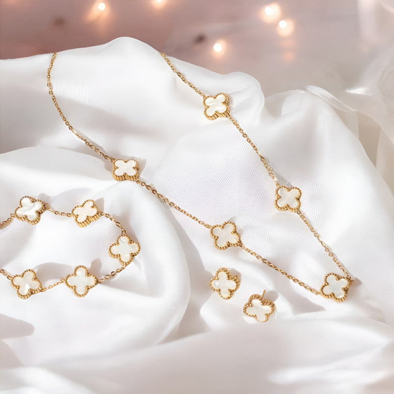 Stainless Steel Gold Plated White Anti Tarnish Clover Jewelry Set For Girls And Women