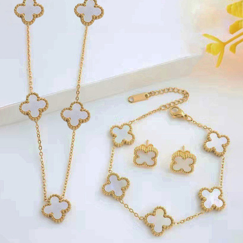 Stainless Steel Gold Plated White Anti Tarnish Clover Jewelry Set For Girls And Women
