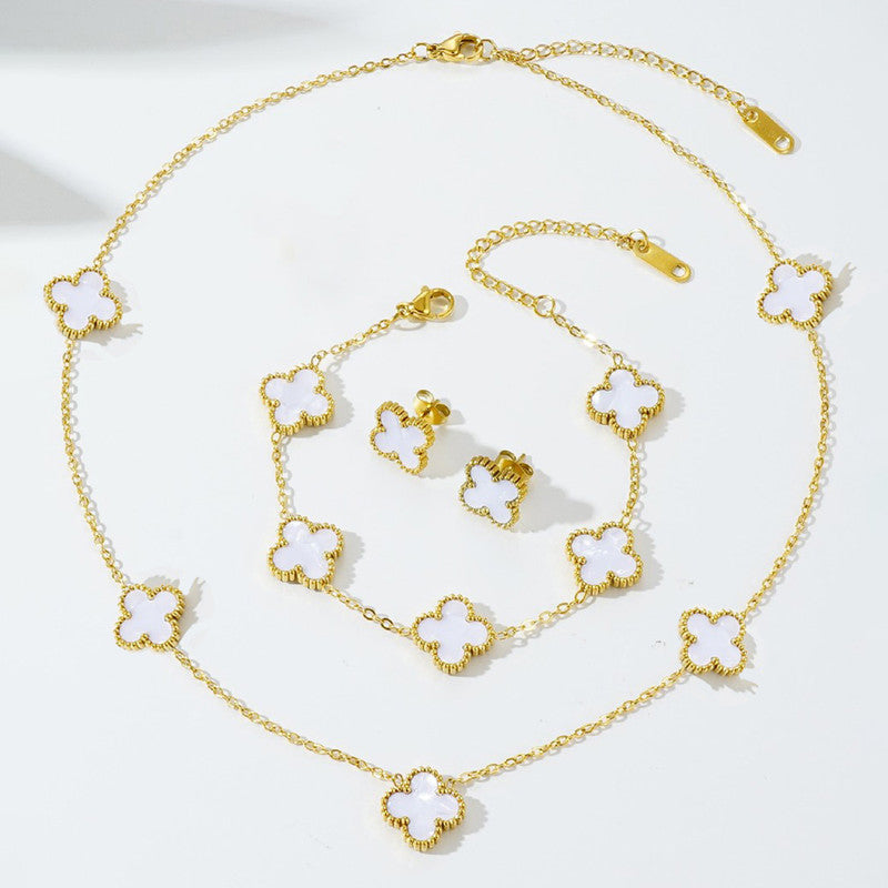 Stainless Steel Gold Plated White Anti Tarnish Clover Jewelry Set For Girls And Women