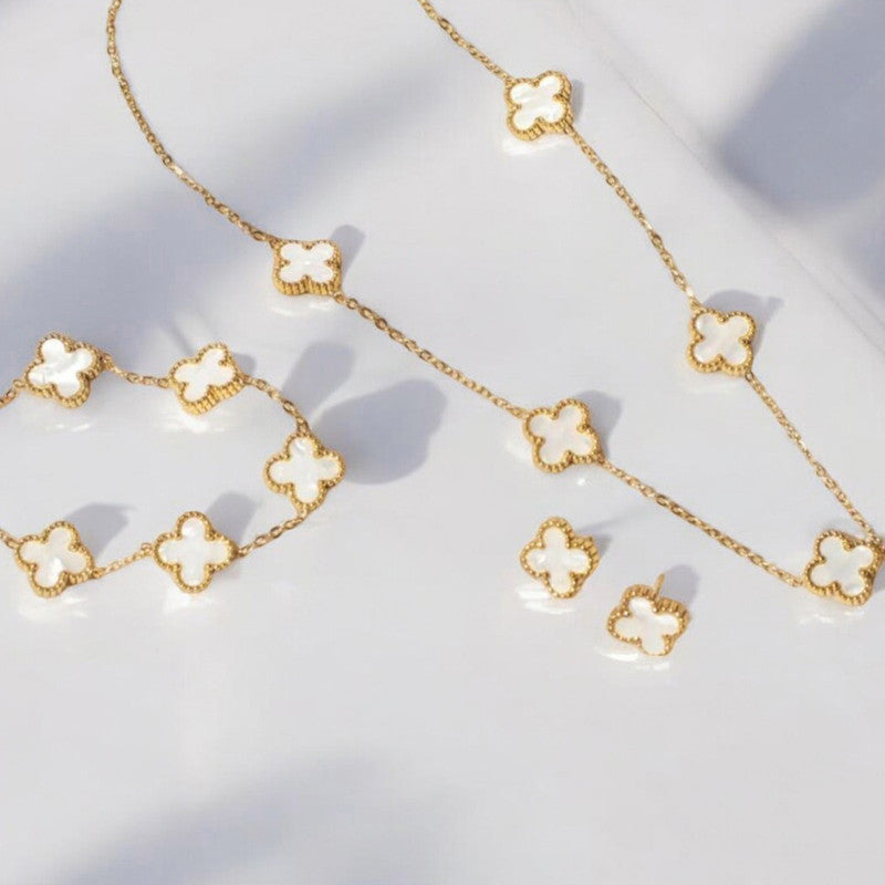 Stainless Steel Gold Plated White Anti Tarnish Clover Jewelry Set For Girls And Women
