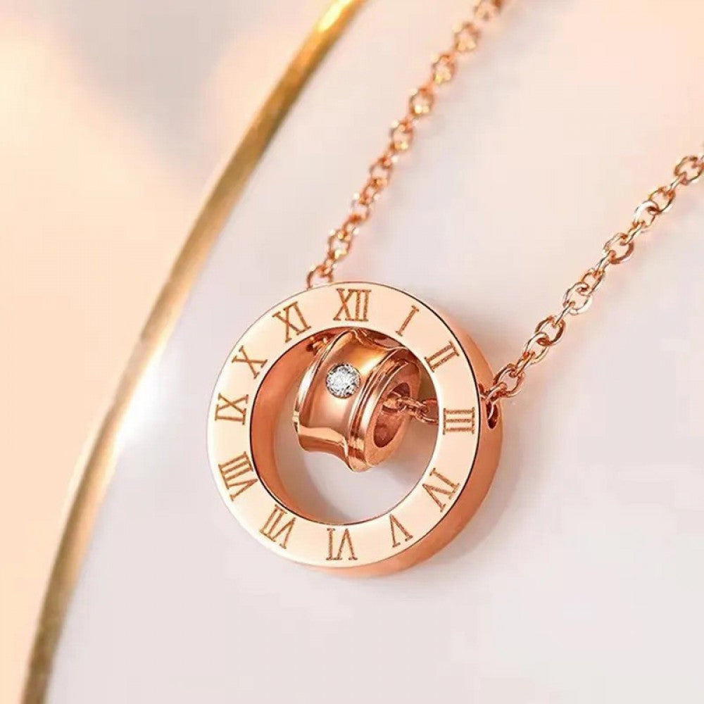 Stainless Steel Roman Numerals Rhinestone Couple Pendant Necklace Stylish Jewelry Gifts for Women and Men