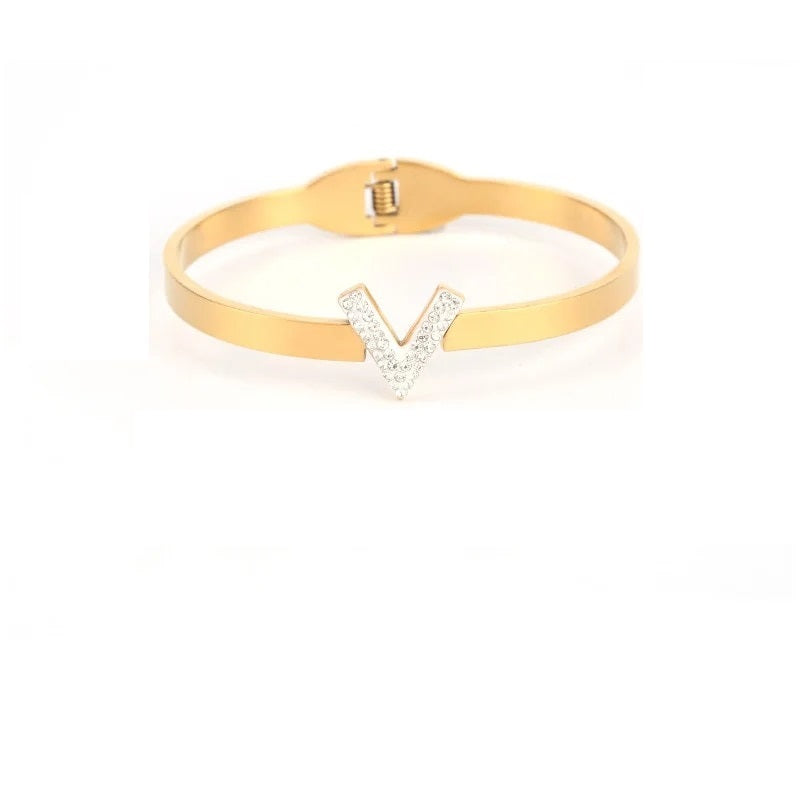 Stylish Letter V Shape Stainless Steel Crystal Bangle Bracelet For Women