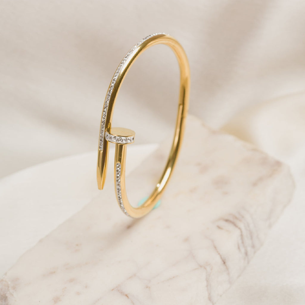Stainless Steel Gold Plated Anti Tarnish AD Studded Nail Bracelet for Women