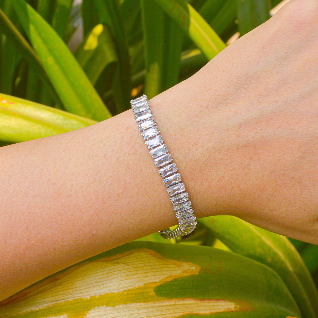 Rectangular Cut Cubic Zirconia White Matrix Anti-Tarnish Tennis Bracelet for Women