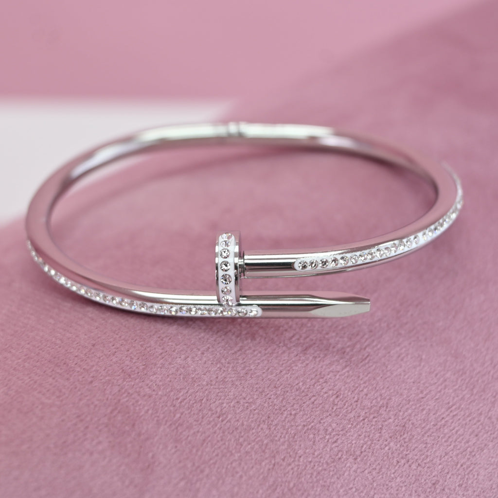 Stainless Steel Gold Plated Anti Tarnish AD Studded Nail Bracelet for Women