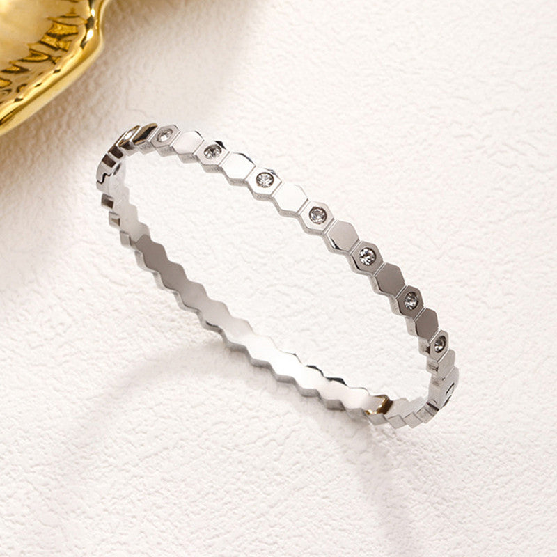 Gold-Plated AD Bangle-Style Hexagonal Anti-Tarnish Bracelet for Women